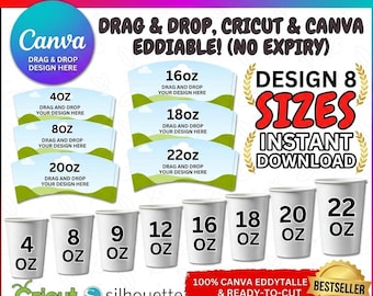Paquete de plantillas para envoltorios de vasos de papel / Fundas en blanco para vasos de café / Editable en Canva / Envoltorio para vasos de 4 oz a 22 oz / Etiquetas y maquetas imprimibles para vasos
