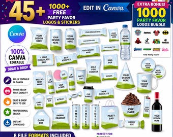 May include: A digital mockup bundle featuring party favor designs. Includes various templates for items like candy boxes, tumblers, and water bottles, all customizable with your designs. The image also highlights logos and stickers, and is compatible with Canva.