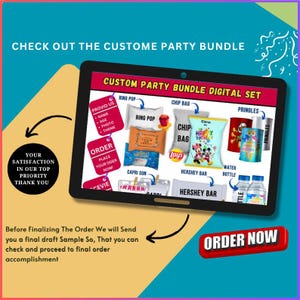 The image is an advertisement for a custom party bundle digital set, featuring various party supplies such as chips, candy, and drinks.