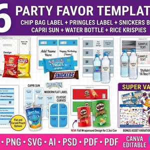 Party Favor Templates , Template Bundle, Party Favors, Chip Bag Template , Capri Sun Labels , Chocolate Bar Wrapper, Party Favor Mockups