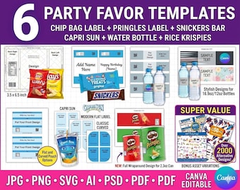 Plantillas de regalos para fiestas, paquete de plantillas, regalos para fiestas, plantilla para bolsas de papas fritas, etiquetas Capri Sun, envoltorios de barras de chocolate, maquetas de regalos para fiestas