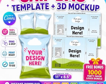 Chip Bag Template, Chip Bag Label, Blank Chip Bag, Party Chip Bag, Chip bag mockup, Printable Party Favor, Svg, Editable Canva drag and drop