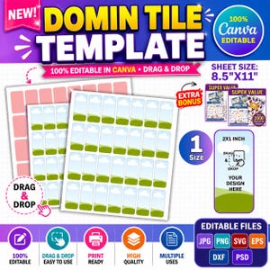 May include: A graphic design template with the text "DOMIN TILE TEMPLATE" and "100% EDITABLE IN CANVA DRAG & DROP". The design includes sheets of stickers with a sky and grass design, and the sheet size is 8.5" x 11".