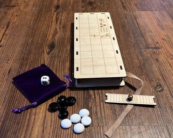 May include: A wooden board game set with a purple velvet bag, dice, and game pieces. The game board has a grid pattern and hieroglyphic symbols. The set includes black and white game pieces.