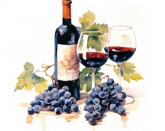 Peut inclure: Une peinture à l'aquarelle d'une bouteille de vin rouge, deux verres de vin rouge et un bouquet de raisins. La bouteille et les verres sont sur un fond blanc avec une vigne de feuilles vertes.