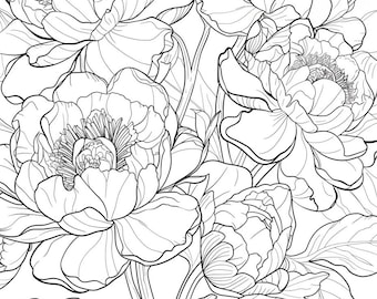Può includere: Un disegno in bianco e nero di un bouquet di peonie con petali e foglie dettagliati.
