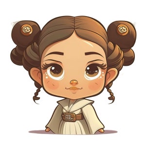 Puede incluir: Una ilustración de dibujos animados de una niña con el pelo castaño en moños, que lleva una túnica blanca con un cinturón marrón y una faja marrón claro. Tiene grandes ojos marrones y una tez marrón claro.