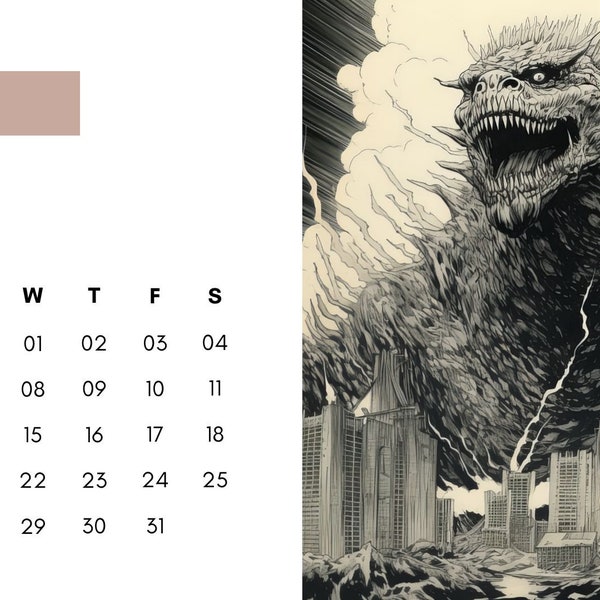 Godzilla 2024 Calendar: Minimalist, Mostly Black & White Art, Digital Download, Printable Calendar