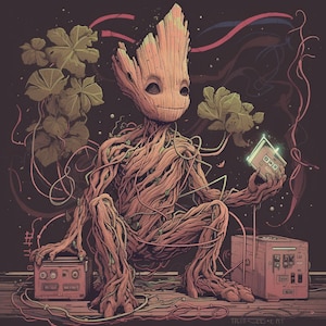 May include: A digital illustration of a tree-like humanoid figure with a green leafy background. The figure is holding a small, rectangular device with a glowing screen. The device has a series of buttons and a small screen with the text "0000" displayed. The figure is sitting on a wooden surface with a small, rectangular device with a series of buttons and a small screen.