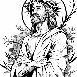 May include: A black and white line drawing of Jesus Christ wearing a crown of thorns. He is standing with his arms crossed and looking to the side. There are flowers and branches behind him.