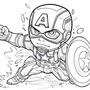 May include: A black and white line drawing of a superhero, Captain America, in a fighting pose. He is wearing a helmet with a star on the front and a suit with a star on the chest. He is holding a shield in his right hand.