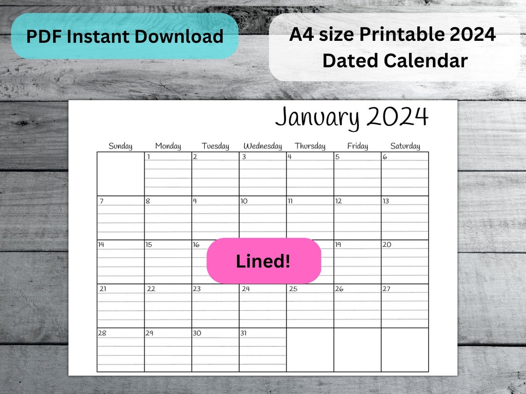 A4 Size Dated & Lined 2024 Calendar Printable Monthly Etsy