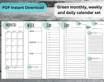 Green Undated, Set of calendars - Monthly, Weekly and Daily