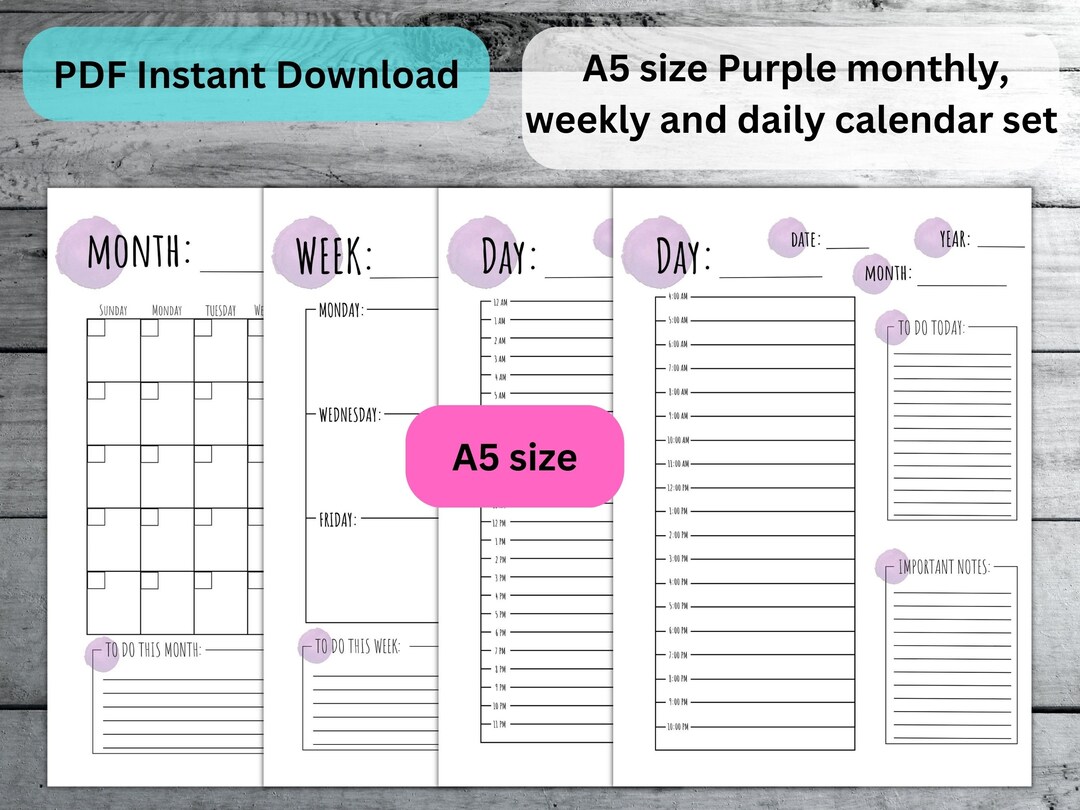 Purple Monthly, Weekly and Daily Calendar Set Size A5 - Etsy