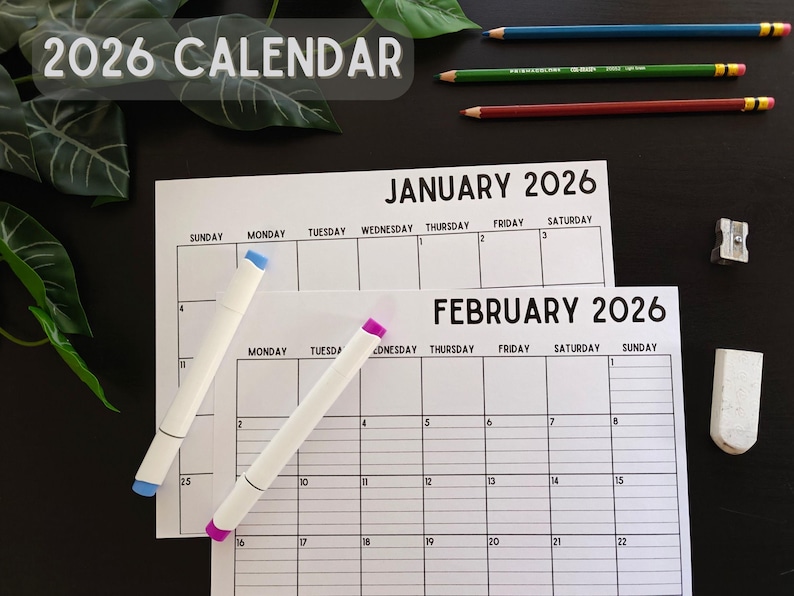 2026 Printable Dated Calendar Full Year, Lined, Unlined, Minimalist