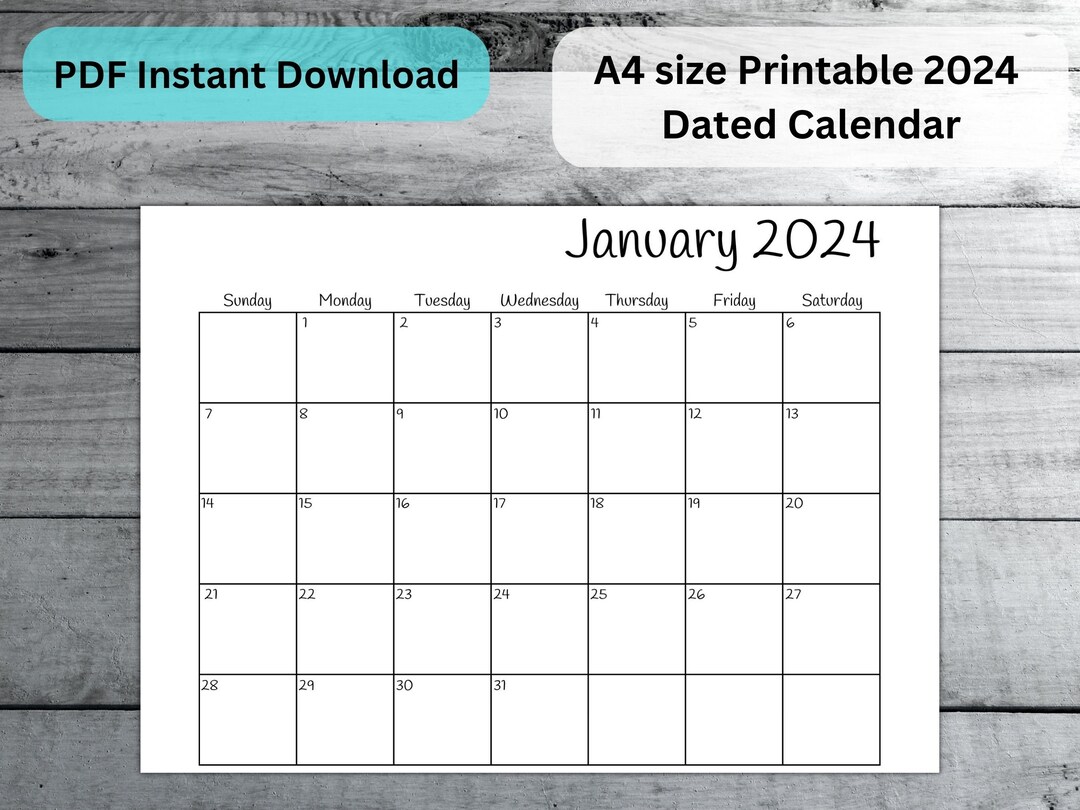 A4 Printable 2024 Calendar Dated, Full Year, Monthly Calendar, Unlined ...