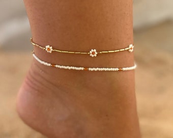 Beaded Anklet with White Seed beads and Small Coloured Crystals.