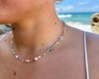 Rainbow glass beaded necklace, Freshwater Pearls, beaded daisy chain.