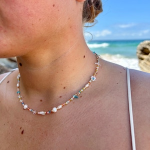 Rainbow glass beaded necklace, Freshwater Pearls, beaded daisy chain.