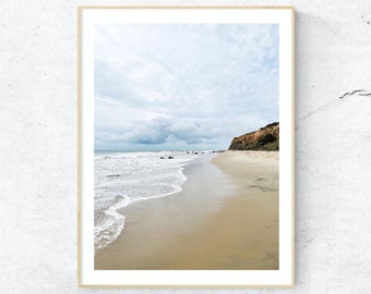 May include: A photograph of a sandy beach with white foamy waves lapping at the shore. The beach is bordered by a grassy cliff and a cloudy sky.
