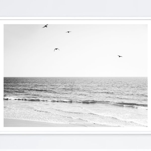 Black and White Ocean Waves Photography Digital Download Black White Beach Print Seabirds Wall Art Seascape Printable Art Coastal Poster