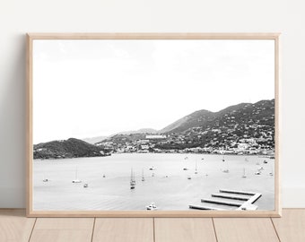 May include: Black and white photograph of a coastal town with a harbour filled with sailboats. The town is nestled in a valley surrounded by hills.