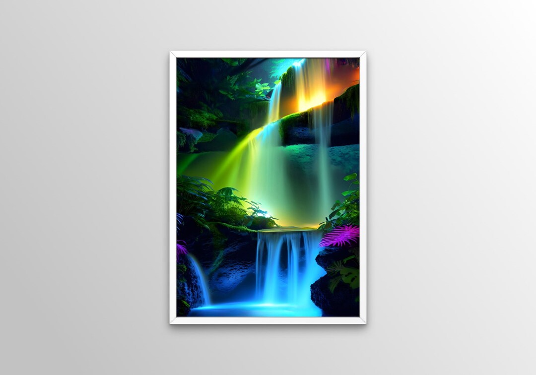 Printable Lighted Waterfall Wall Art, Colorful Downloadable Waterfall