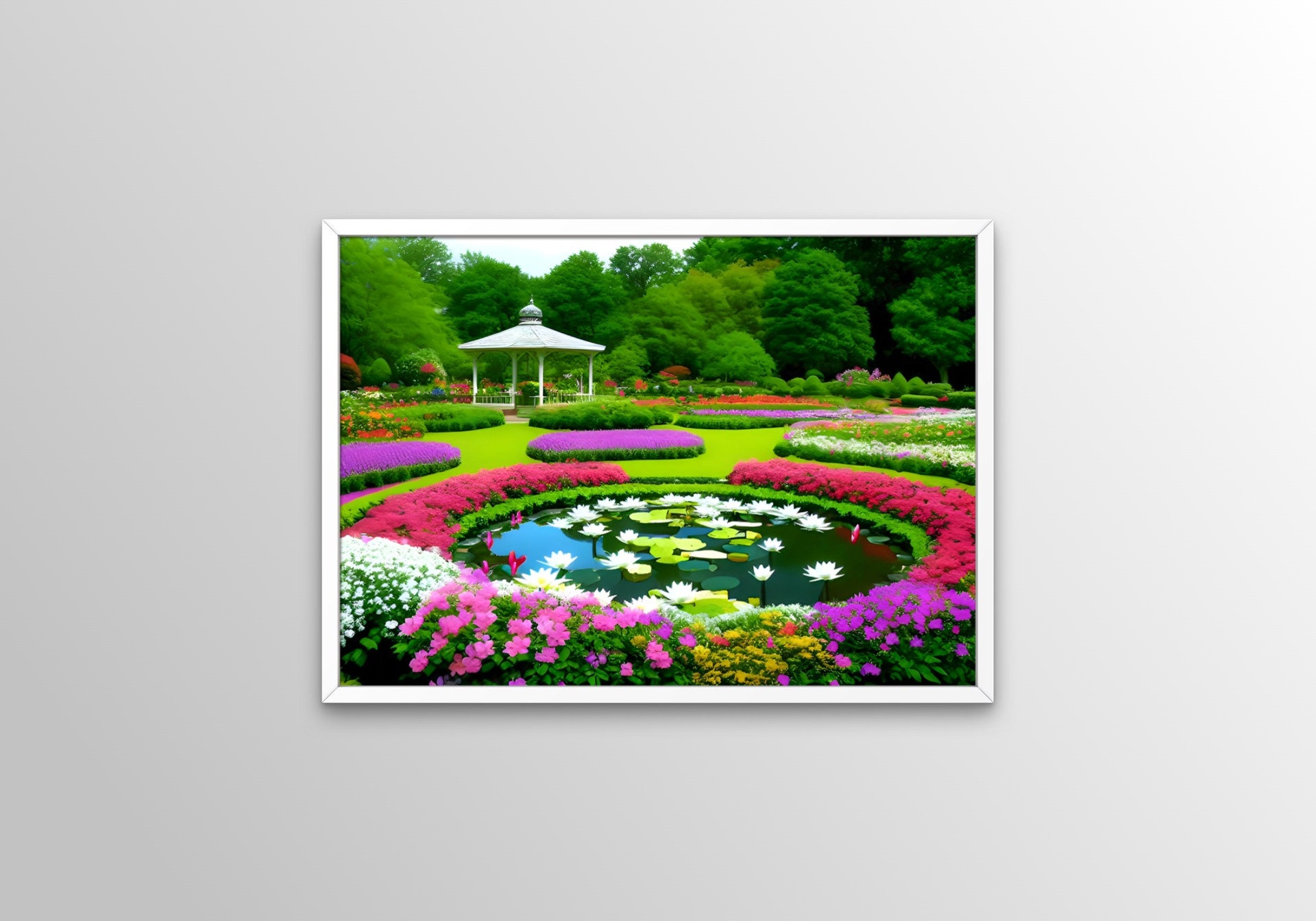 Printable Landscape Flower Garden Wall Decor, Botanical Garden Pond ...