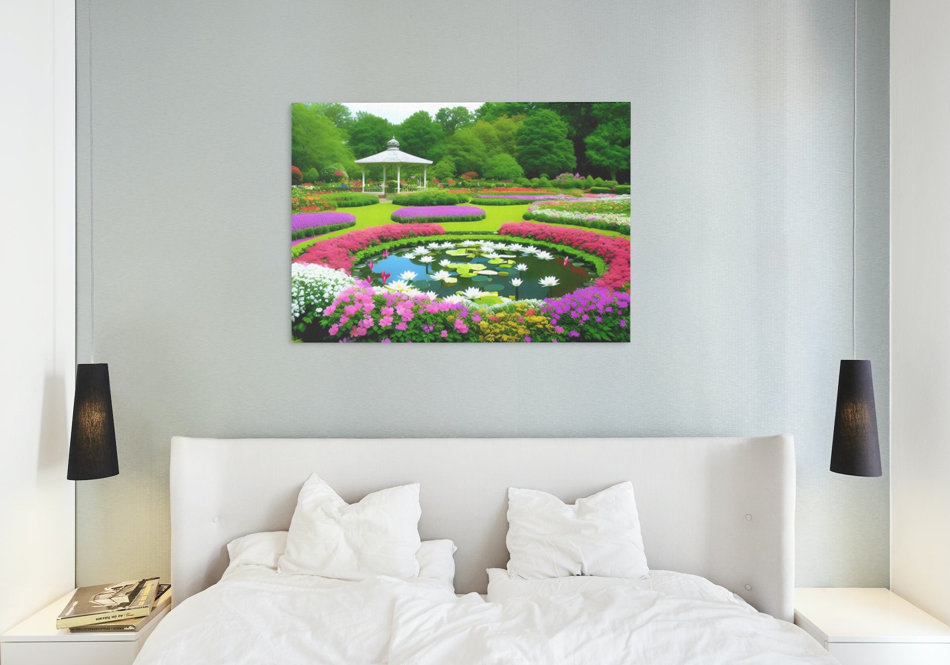 Printable Landscape Flower Garden Wall Decor, Botanical Garden Pond ...