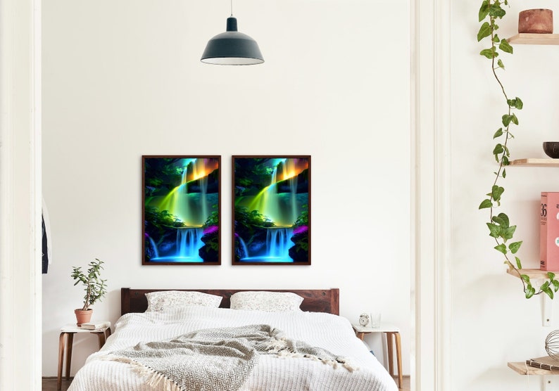 Printable Lighted Waterfall Wall Art, Colorful Downloadable Waterfall