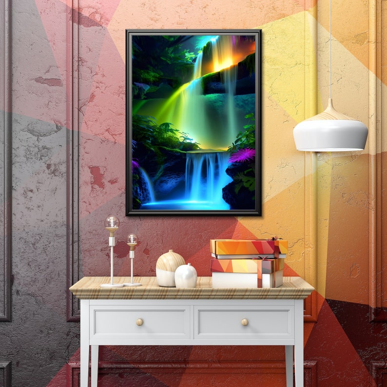 Printable Lighted Waterfall Wall Art, Colorful Downloadable Waterfall
