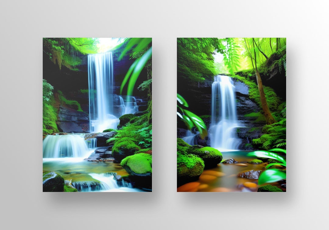 Printable Waterfall Wall Art, Green Scenic Downloadable Waterfall Wall