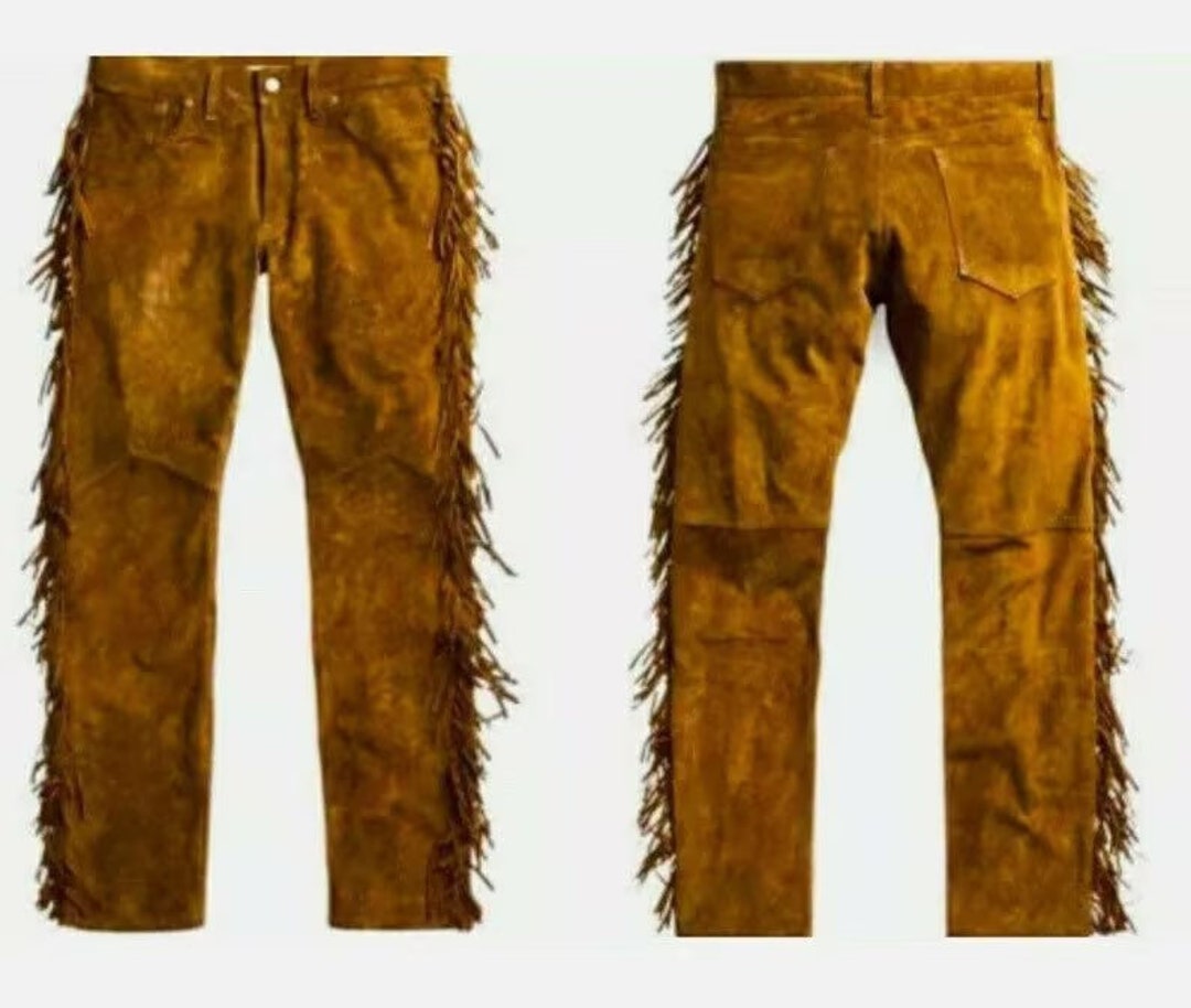 Mens Leather Buckskin Beads Trouser Jeans Fringes Brown Suede Mountain