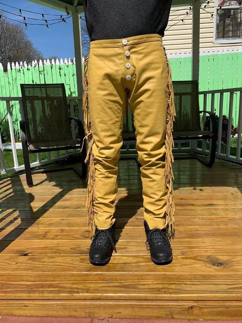 Men's Traditional Cowboy Western Leather Pants Gold Braided with Side  Fringe Native American Western Trouser Pant Buckskin (Gold, 30 Waist for  28 29) at  Men's Clothing store