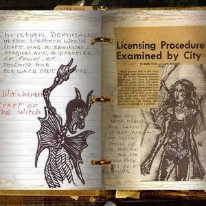 Może przedstawiać: Otwarta książka z czarno-białym rysunkiem skrzydlatego stworzenia na lewej stronie i czarno-białym rysunkiem kobiety ze skrzydłami na prawej stronie. Tekst na lewej stronie brzmi: "Christian Dominance in the Western World Craft was a Spiritual Magical Art, A Practice of Power, of Inward and Outward Control Witchcraft Craft of the Witch." Tekst na prawej stronie brzmi: "Licensing Procedure Examined by City Council".
