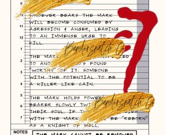 May include: A stylized schedule titled "Mark of Cain" with text and a red graphic. The text includes phrases like "The Mark of Cain is a curse" and "Whoever bears the mark." Gold brushstrokes and the "Bandersnatch Co" logo are also present.