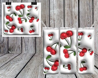 Puede incluir: Tres vasos blancos con un diseño de cerezas rojas. Las cerezas son en estilo 3D y tienen tallos y hojas verdes. Los vasos están sobre un fondo de madera.