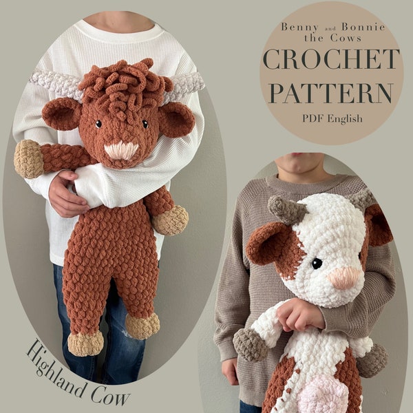 Benny And Bonnie The Cows Pattern, crochet cow and highland cow pattern only