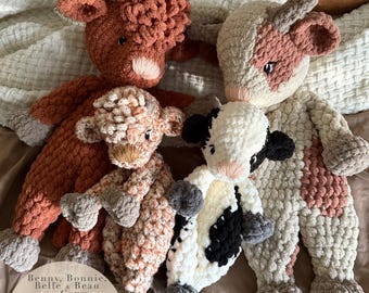Benny, Beau, Bonnie and Belle the Cows Pattern | crochet big and mini cow patterns only