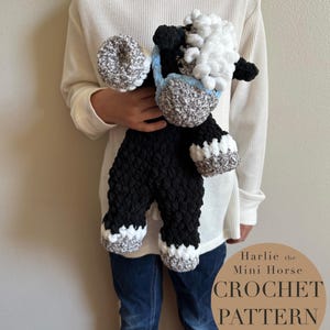 Könnte beinhalten: Ein gehäkeltes Mini-Pferd-Spielzeug in Schwarz, Weiß und Grau mit einem blauen Halfter. Das Spielzeug wird von einem Kind gehalten, das ein weißes Langarmshirt und eine blaue Jeans trägt. Der Text "Harlie the Mini Horse CROCHET PATTERN PDF English" befindet sich auf einem braunen Hintergrund.