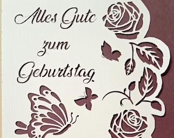 Butterfly and Roses Alles Gute zum Geburtstag Card  SVG, eps, png, dxf, Cricut, Silhouette, Scan n Cut, Laser cut etc.