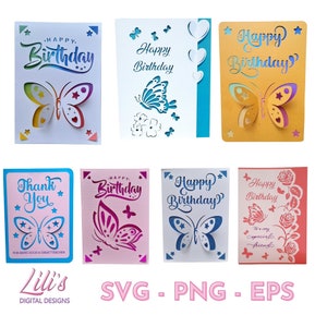 Cartões Pop Up Butterfly em sete designs para aniversário, agradecimento e amigos especiais, arquivos SVG - Cricut - Silhouette, Scan n Cut