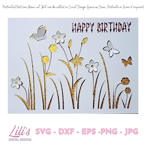Cartão de aniversário de flores silvestres - SVG digital, eps, png, dxf, Cricut, Silhouette, Scan n Cut, Corte a laser etc.