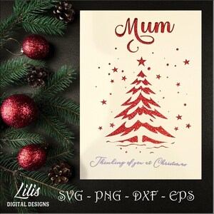 SVG Weihnachtsbaum-Karte - Mama denkt an Sie zu Weihnachten - Laser, Schneidemaschine-Datei - Einfügen mit Sentimentaler Wortlaut