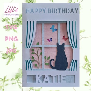 Chat regardant par la fenêtre - Carte d'anniversaire en couches avec nom modifiable - SVG - Cricut, modèle découpé au laser, Silhouette, Scan n Cut et autres