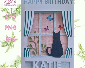 Cat looking through window - Layered Birthday card with editable name - SVG - Cricut, Laser cut template, Silhouette, Scan n Cut and Others
