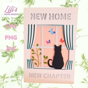 Neue Zuhause Katze, die durchs Fenster schaut - Geschichtete Karte - SVG - Cricut, Laser cut Vorlage, Silhouette, Scan n Cut und andere