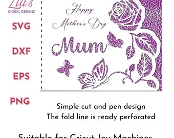 May include: A printable design for a Mother's Day card featuring a rose, butterflies, and the text "Happy Mother's Day Mum".