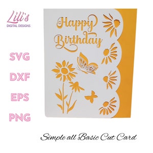 Daisy and Butterfly birthday card, Two versions for cut or pen wording - Basic cut and Pen design - SVG, Png, DXF, EPS