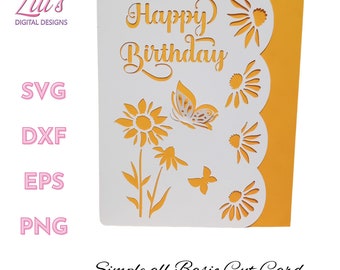 May include: A white card with a yellow background. The card has a cut-out design of flowers, butterflies, and the text "Happy Birthday".